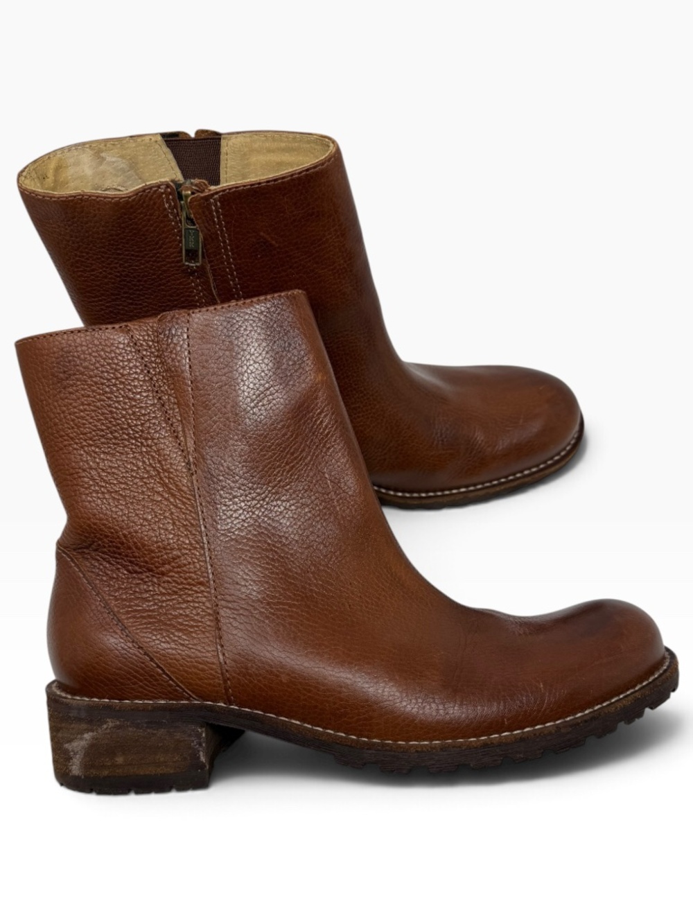 L.L.Bean Brown Leather Ankle Boots Side Zip Block Heel Lug Sole Women's 8M